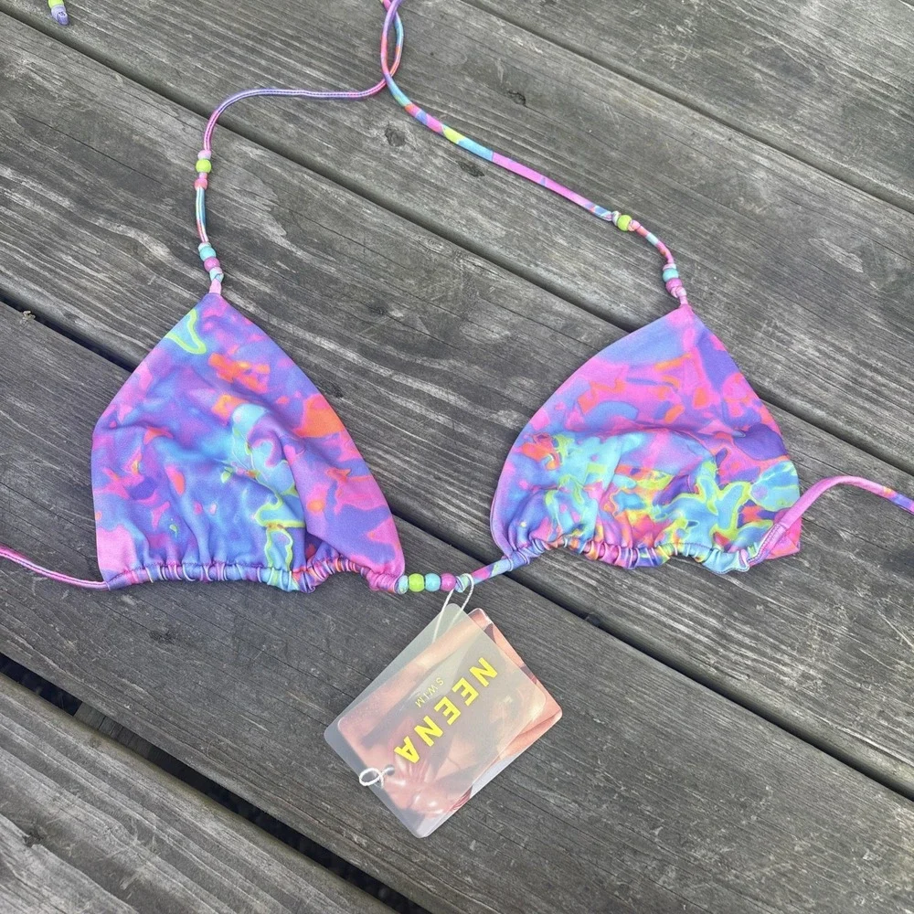 NWT Neena Triangle Bikini String Top Large Batch A Purple Print